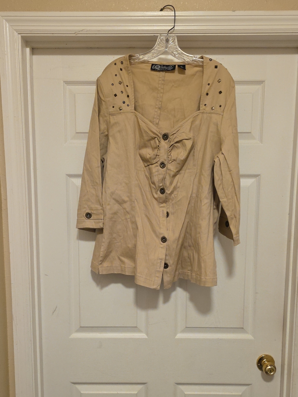Eloquii Women's Tan Button-Front Jacket with Stud Detail no belt